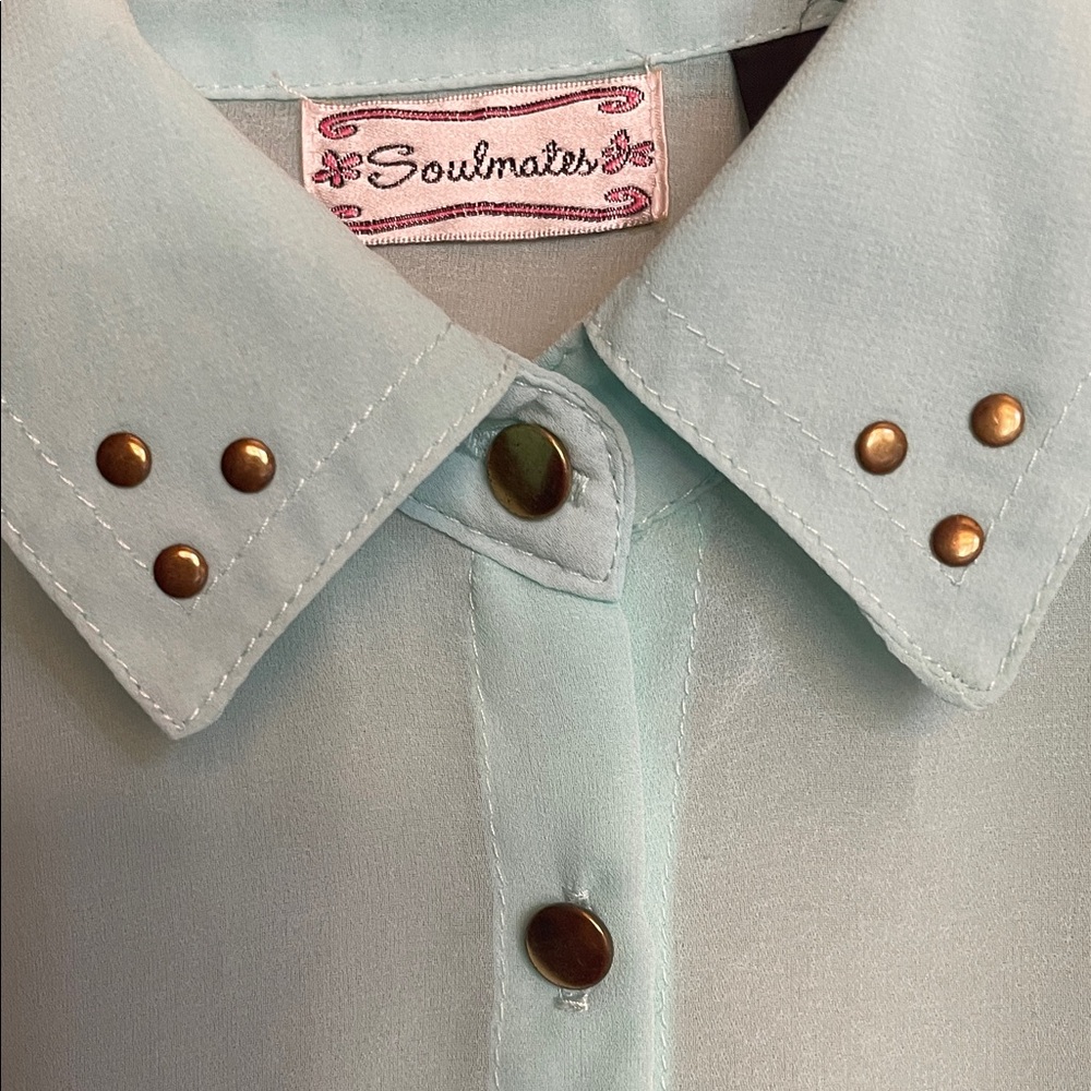 Soulmates Mint Studded Sheer Button-Down Blouse - Picture 4 of 8